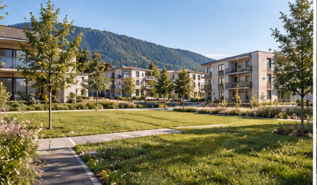 Neighbourhood lawn — Architectural visualisation · Development concept