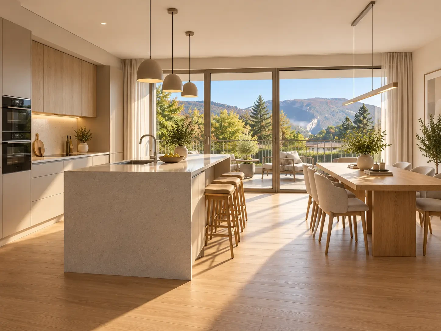Kitchen with island — Interior visualisations — not photographs of completed homes.